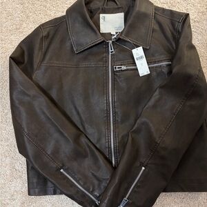Pilcro Dark Brown Leather Jacket with Zipper Accents